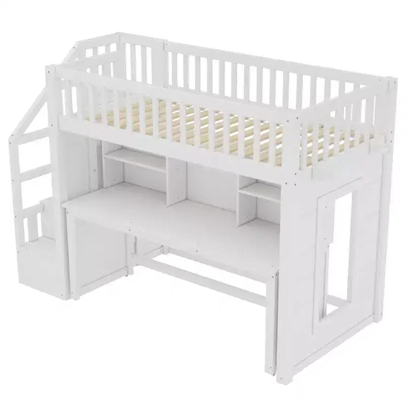 Lit mezzanine jumeau avec bureau mobile, escalier de rangement et étagère, aucun sommier tapissier requis