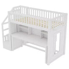 Lit mezzanine jumeau avec bureau mobile, escalier de rangement et étagère, aucun sommier tapissier requis