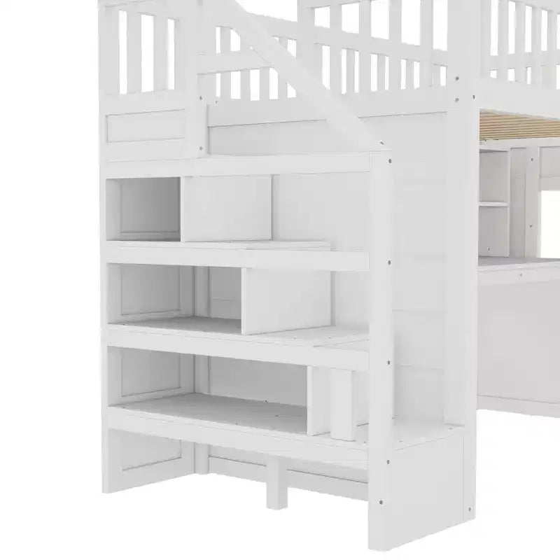 Lit mezzanine jumeau avec bureau mobile, escalier de rangement et étagère, aucun sommier tapissier requis