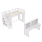 Lit mezzanine jumeau avec bureau mobile, escalier de rangement et étagère, aucun sommier tapissier requis