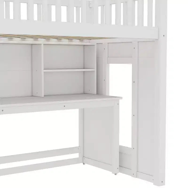 Lit mezzanine jumeau avec bureau mobile, escalier de rangement et étagère, aucun sommier tapissier requis