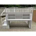 Lit mezzanine jumeau avec bureau mobile, escalier de rangement et étagère, aucun sommier tapissier requis
