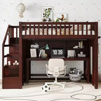 Lit mezzanine jumeau avec bureau mobile, escalier de rangement et étagère, aucun sommier tapissier requis