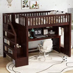 Lit mezzanine jumeau avec bureau mobile, escalier de rangement et étagère, aucun sommier tapissier requis