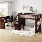 Lit mezzanine jumeau avec bureau mobile, escalier de rangement et étagère, aucun sommier tapissier requis