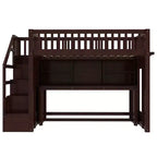 Lit mezzanine jumeau avec bureau mobile, escalier de rangement et étagère, aucun sommier tapissier requis