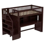 Lit mezzanine jumeau avec bureau mobile, escalier de rangement et étagère, aucun sommier tapissier requis