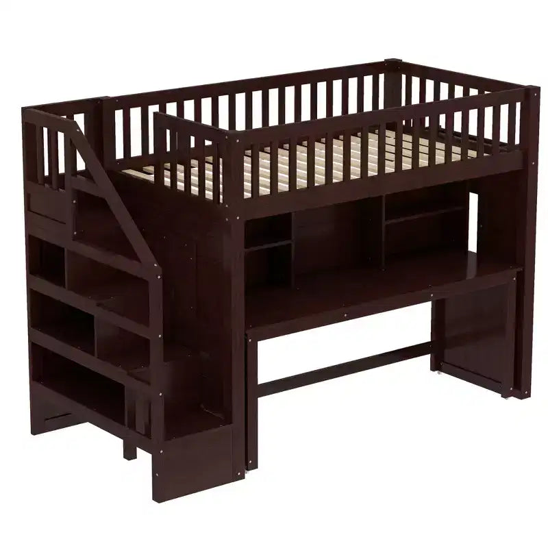 Lit mezzanine jumeau avec bureau mobile, escalier de rangement et étagère, aucun sommier tapissier requis