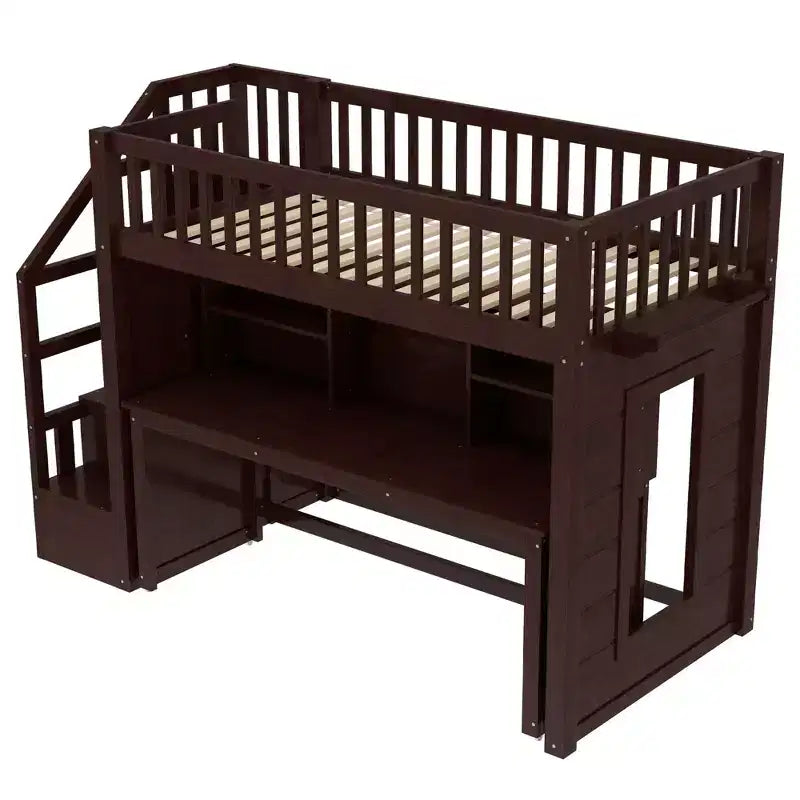 Lit mezzanine jumeau avec bureau mobile, escalier de rangement et étagère, aucun sommier tapissier requis