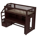 Lit mezzanine jumeau avec bureau mobile, escalier de rangement et étagère, aucun sommier tapissier requis