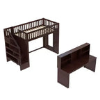 Lit mezzanine jumeau avec bureau mobile, escalier de rangement et étagère, aucun sommier tapissier requis