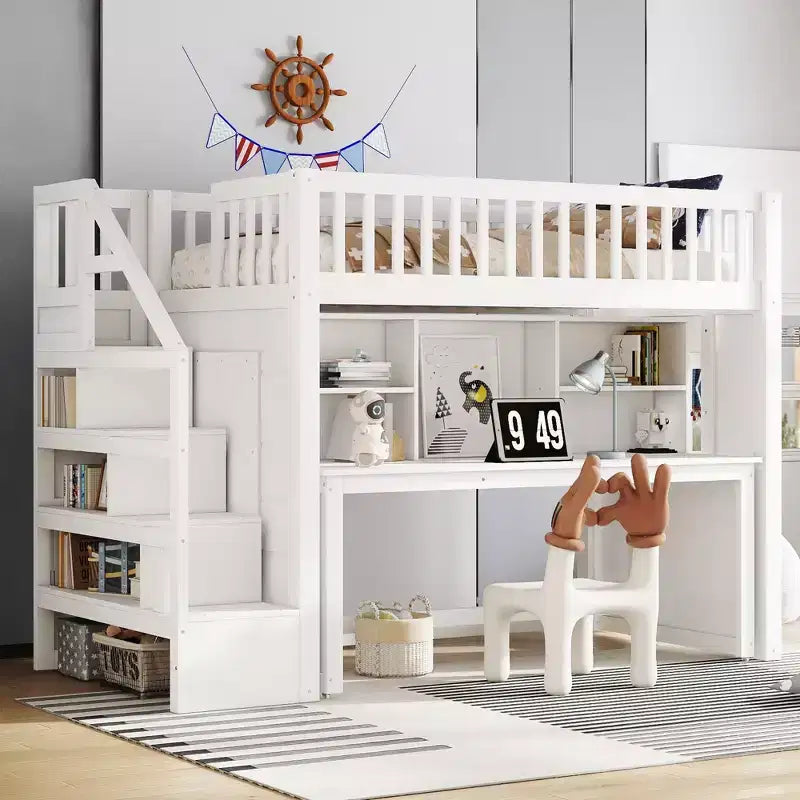 Lit mezzanine jumeau avec bureau mobile, escalier de rangement et étagère, aucun sommier tapissier requis