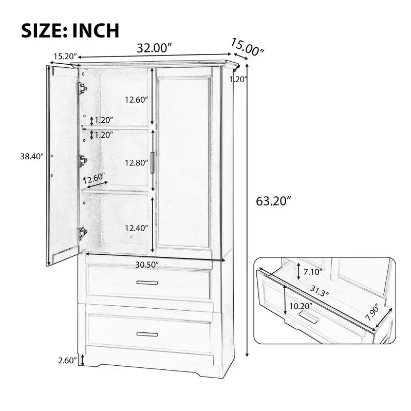 Meuble haut de salle de bain avec deux portes et tiroirs, étagère réglable, panneau MDF
