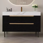 Meuble-lavabo de salle de bain moderne avec lavabo encastré, comptoir en pierre frittée, bois massif multicouche imperméable, meuble de rangement à 4 tiroirs Noir+Blanc
