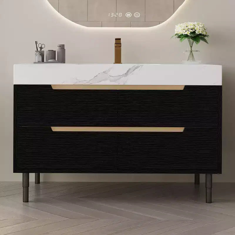 Meuble-lavabo de salle de bain moderne avec lavabo encastré, comptoir en pierre frittée, bois massif multicouche imperméable, meuble de rangement à 4 tiroirs Noir+Blanc