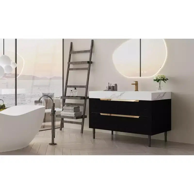 Meuble-lavabo de salle de bain moderne avec lavabo encastré, comptoir en pierre frittée, bois massif multicouche imperméable, meuble de rangement à 4 tiroirs Noir+Blanc