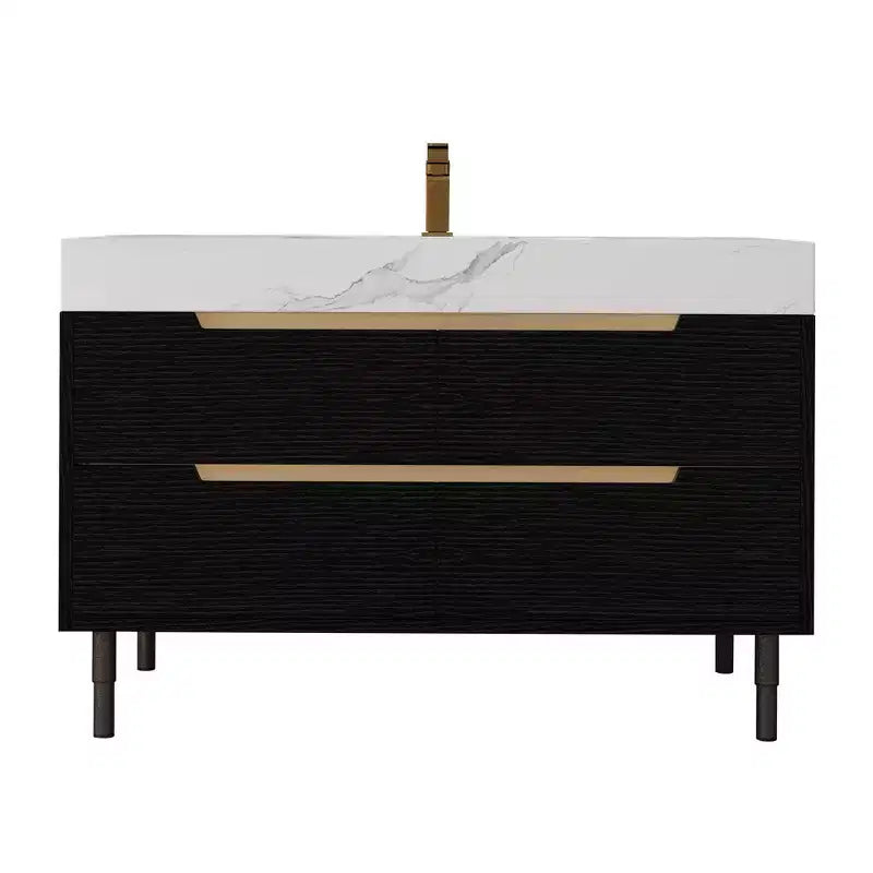 Meuble-lavabo de salle de bain moderne avec lavabo encastré, comptoir en pierre frittée, bois massif multicouche imperméable, meuble de rangement à 4 tiroirs Noir+Blanc