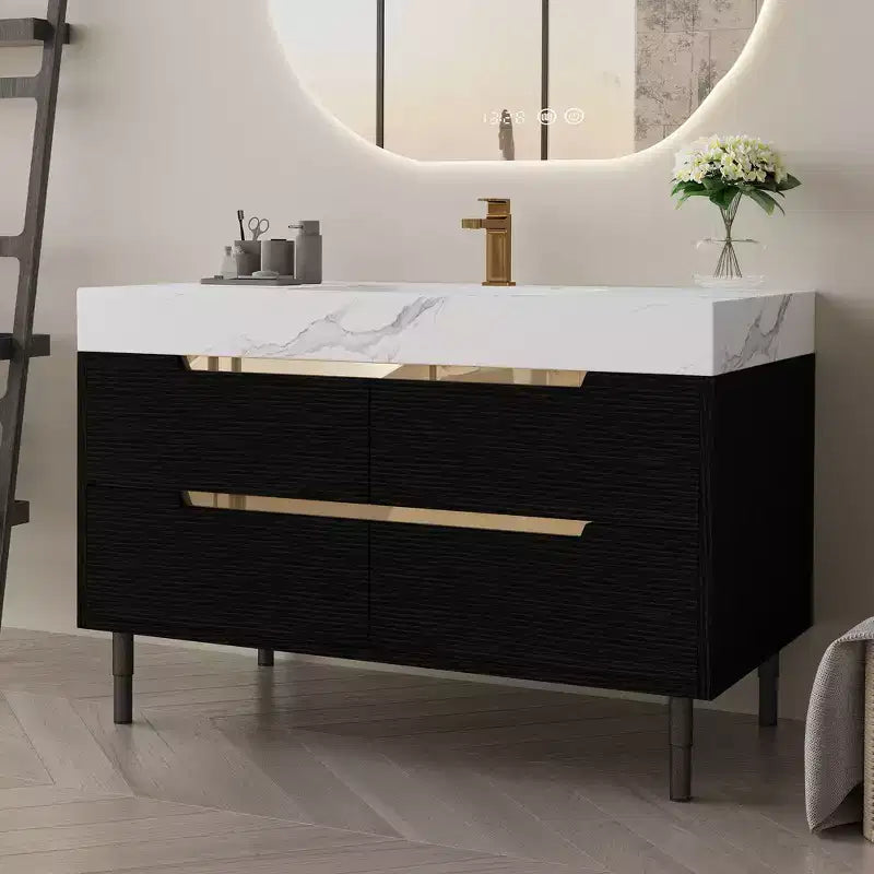 Meuble-lavabo de salle de bain moderne avec lavabo encastré, comptoir en pierre frittée, bois massif multicouche imperméable, meuble de rangement à 4 tiroirs Noir+Blanc
