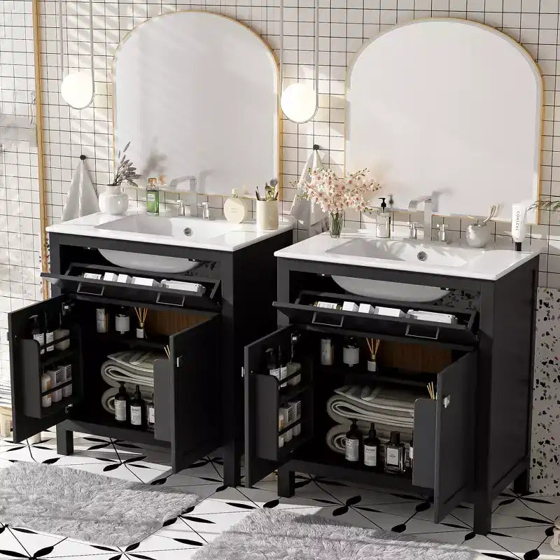 Meuble-lavabo de 60 po avec deux éviers, portes et tiroir à fermeture douce