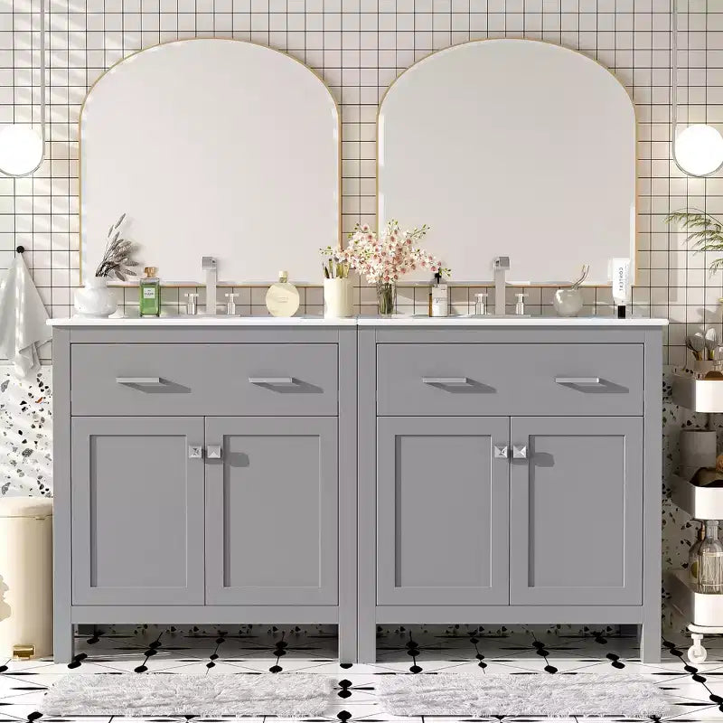 Meuble-lavabo de 60 po avec deux éviers, portes et tiroir à fermeture douce