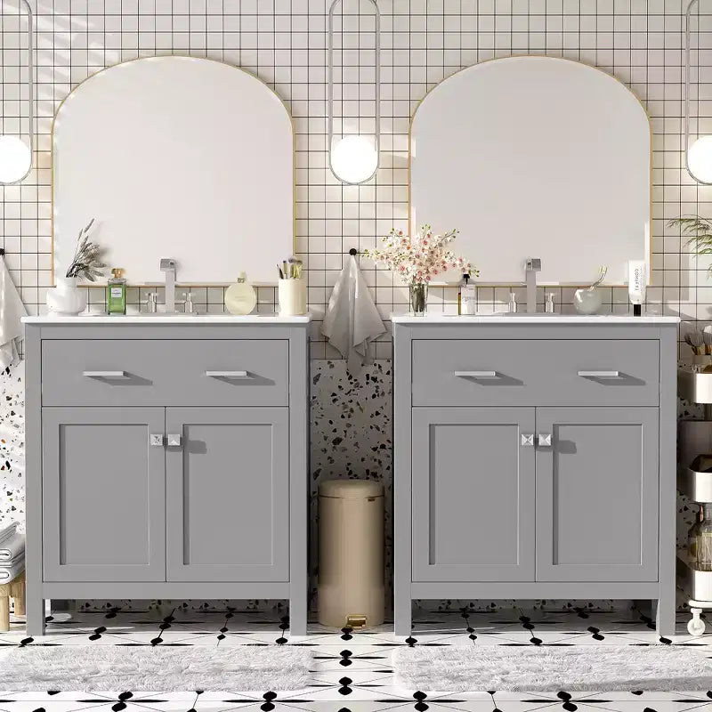 Meuble-lavabo de 60 po avec deux éviers, portes et tiroir à fermeture douce