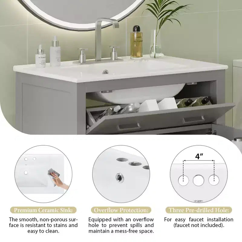 Meuble-lavabo de 60 po avec deux éviers, portes et tiroir à fermeture douce