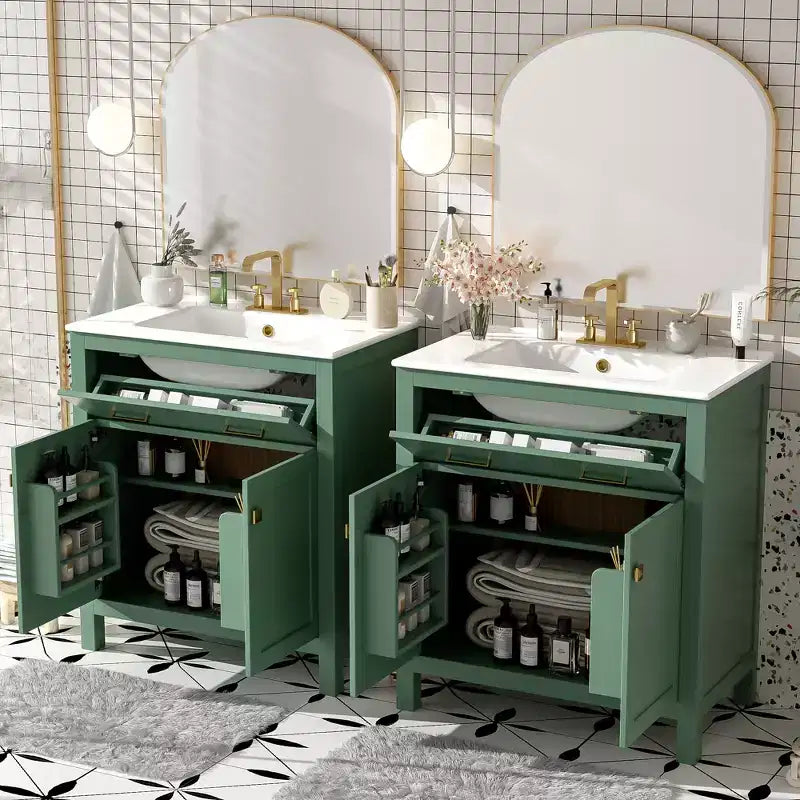 Meuble-lavabo de 60 po avec deux éviers, portes et tiroir à fermeture douce