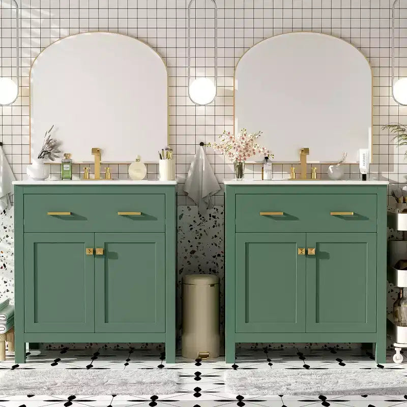 Meuble-lavabo de 60 po avec deux éviers, portes et tiroir à fermeture douce