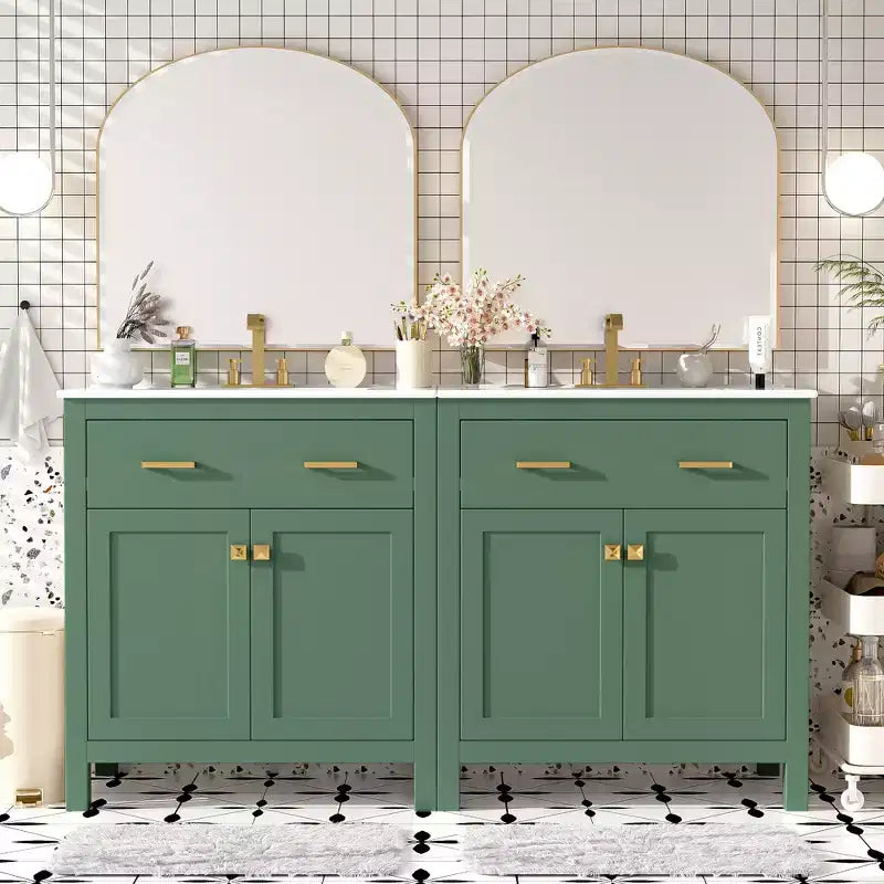 Meuble-lavabo de 60 po avec deux éviers, portes et tiroir à fermeture douce