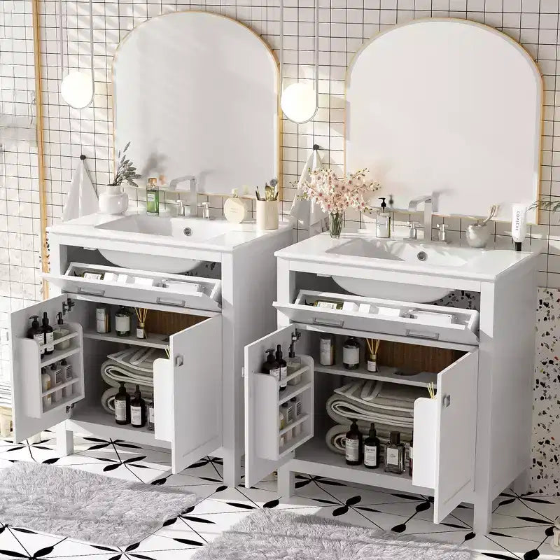Meuble-lavabo de 60 po avec deux éviers, portes et tiroir à fermeture douce