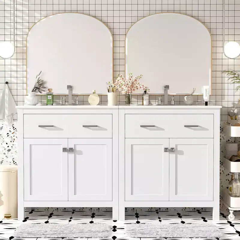 Meuble-lavabo de 60 po avec deux éviers, portes et tiroir à fermeture douce