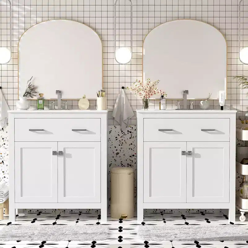 Meuble-lavabo de 60 po avec deux éviers, portes et tiroir à fermeture douce