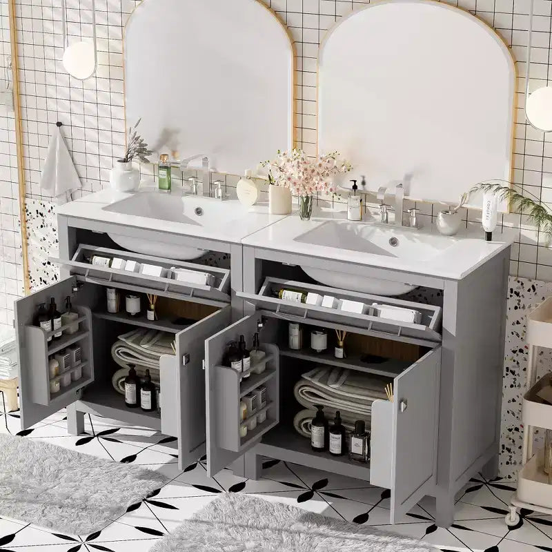 Meuble-lavabo de 60 po avec deux éviers, portes et tiroir à fermeture douce