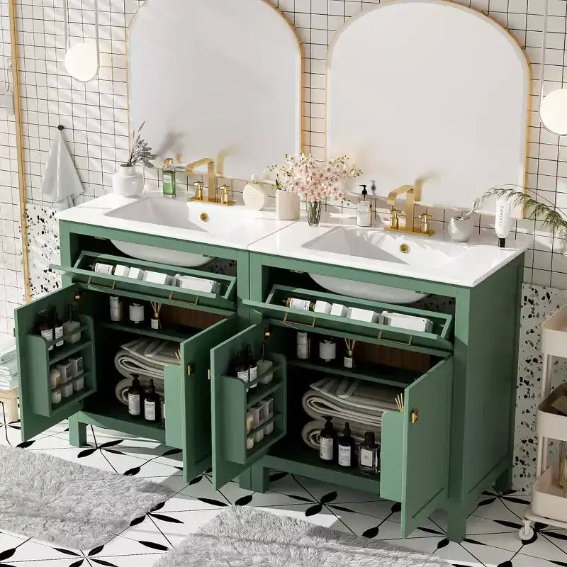 Meuble-lavabo de 60 po avec deux éviers, portes et tiroir à fermeture douce