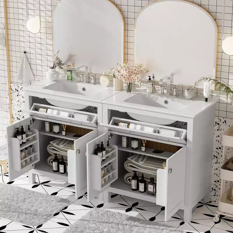 Meuble-lavabo de 60 po avec deux éviers, portes et tiroir à fermeture douce