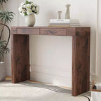 Console élégante avec placage texture grain de bois et 2 tiroirs, table de canapé style ferme pour salon et couloir