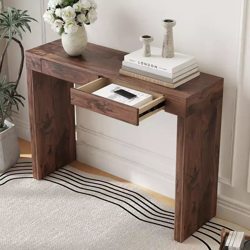 Console élégante avec placage texture grain de bois et 2 tiroirs, table de canapé style ferme pour salon et couloir