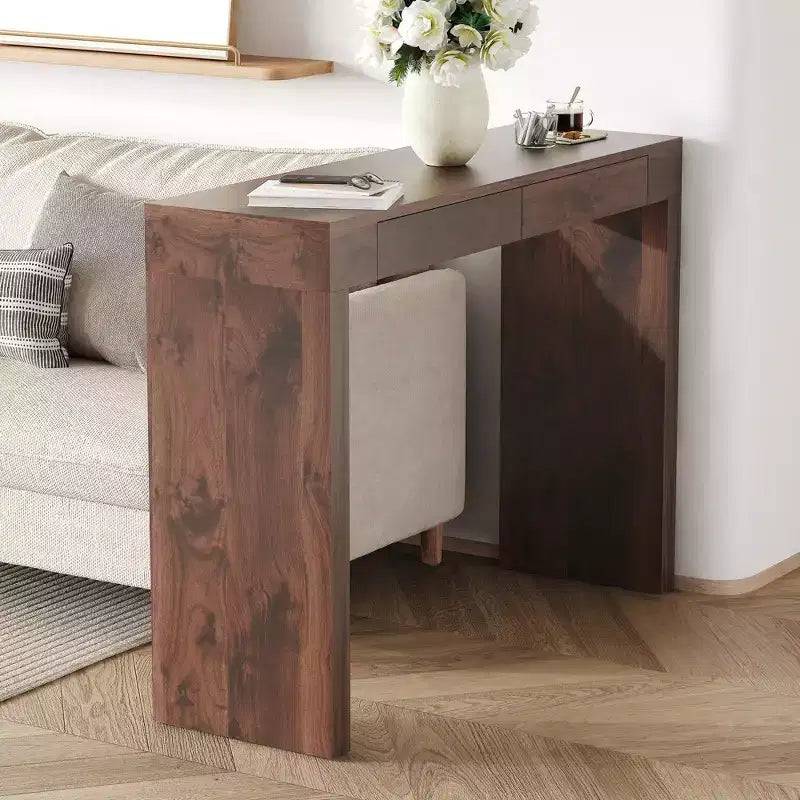 Console élégante avec placage texture grain de bois et 2 tiroirs, table de canapé style ferme pour salon et couloir
