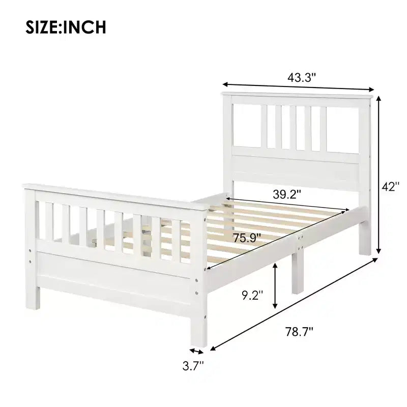 Lit plateforme en bois avec tête de lit et pied de lit, blanc