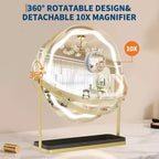 Miroir de maquillage grossissant avec éclairage réglable, rotation à 360°, base et plateau en métal, commandes tactiles