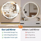 Miroir de maquillage grossissant avec éclairage réglable, rotation à 360°, base et plateau en métal, commandes tactiles