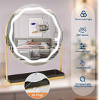 Miroir de maquillage grossissant avec éclairage réglable, rotation à 360°, base et plateau en métal, commandes tactiles