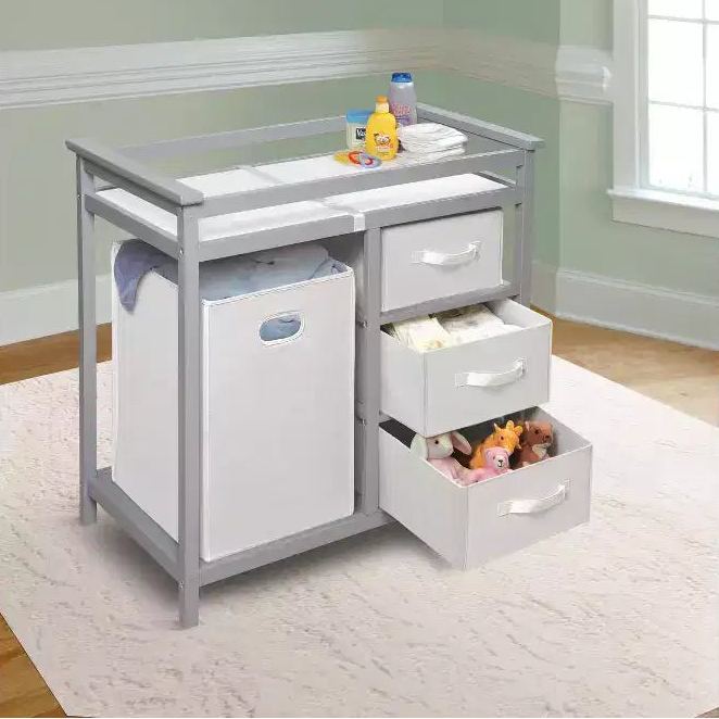 HomeStock Modern Nursery Changing Table with Three Storage Baskets & Large Hamper, Durable Wood Frame, Multi-Use Design