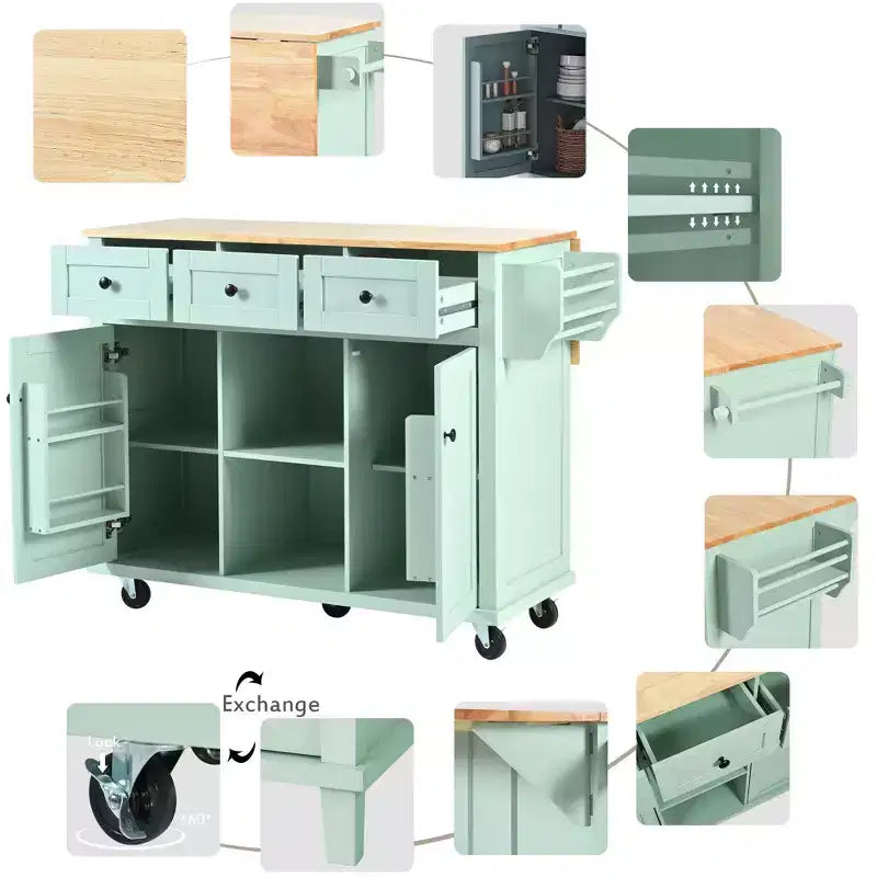 Îlot de cuisine roulant de 53,1 pouces avec abattant, armoire de rangement et 3 tiroirs