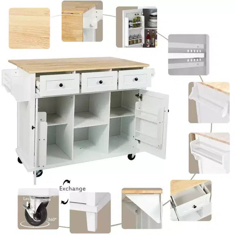 Îlot de cuisine roulant de 53,1 pouces avec abattant, armoire de rangement et 3 tiroirs