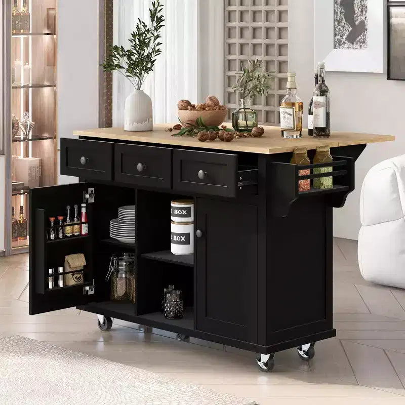 Îlot de cuisine roulant de 53,1 pouces avec abattant, armoire de rangement et 3 tiroirs