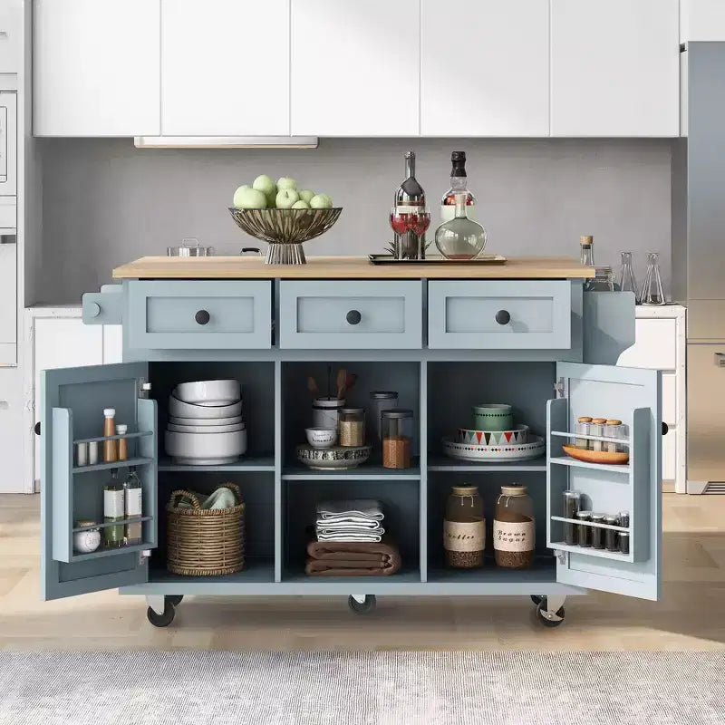 Îlot de cuisine roulant de 53,1 pouces avec abattant, armoire de rangement et 3 tiroirs