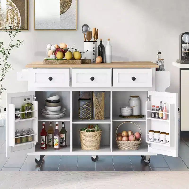 Îlot de cuisine roulant de 53,1 pouces avec abattant, armoire de rangement et 3 tiroirs