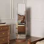 Miroir sur pied rotatif pleine longueur moderne avec porte-manteau à crochets fonctionnel, pour chambre à coucher, dressing, noyer
