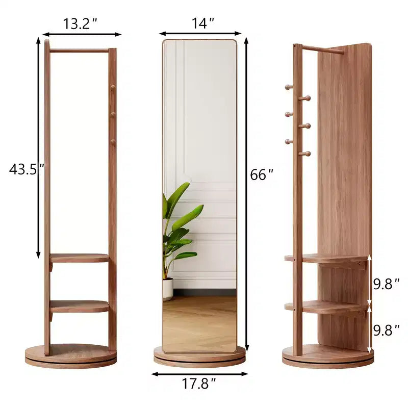 Miroir sur pied rotatif pleine longueur moderne avec porte-manteau à crochets fonctionnel, pour chambre à coucher, dressing, noyer